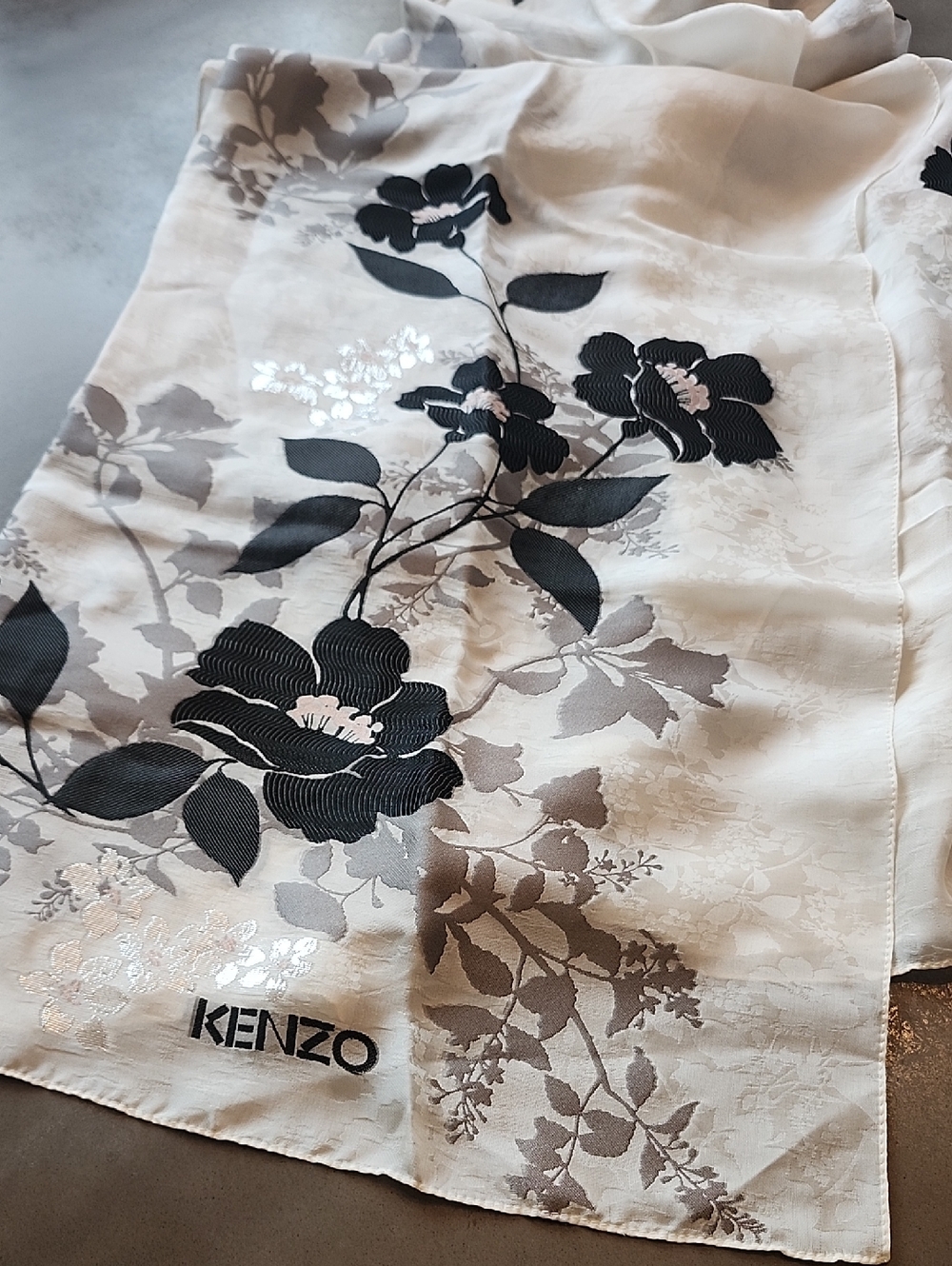 Kenzo Cream Silk Scarf with Black and Gray Floral Motif